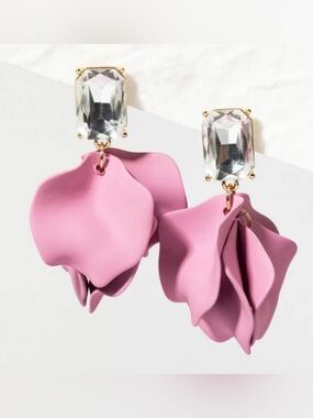 Pink Floral Drop Earrings with Crystal Stud
